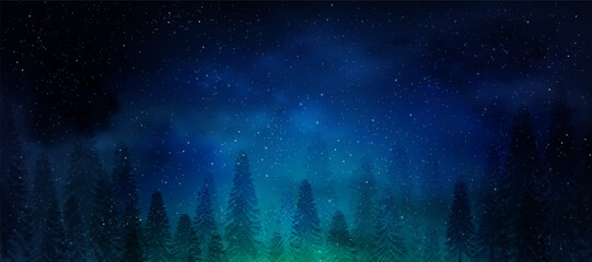 Christmas Background,Winter Night sky dark blue with starry,snowy in woodland landscape with firs,coniferous forest pine and falling snow,Vector Banner for Xmas,New year holidays 2025 greeting card