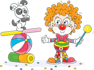 Funny red clown playing with his small cheerful puppy equilibrist balancing on a colorful ball, board and cylinder in a fun circus performance, vector cartoon illustration on a white background