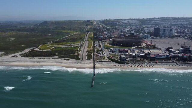 Drone Shot Over the Ocean of the US and Mexico Border