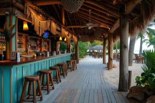 Tranquil Beach bar sunset tropical. Night light. Generate Ai