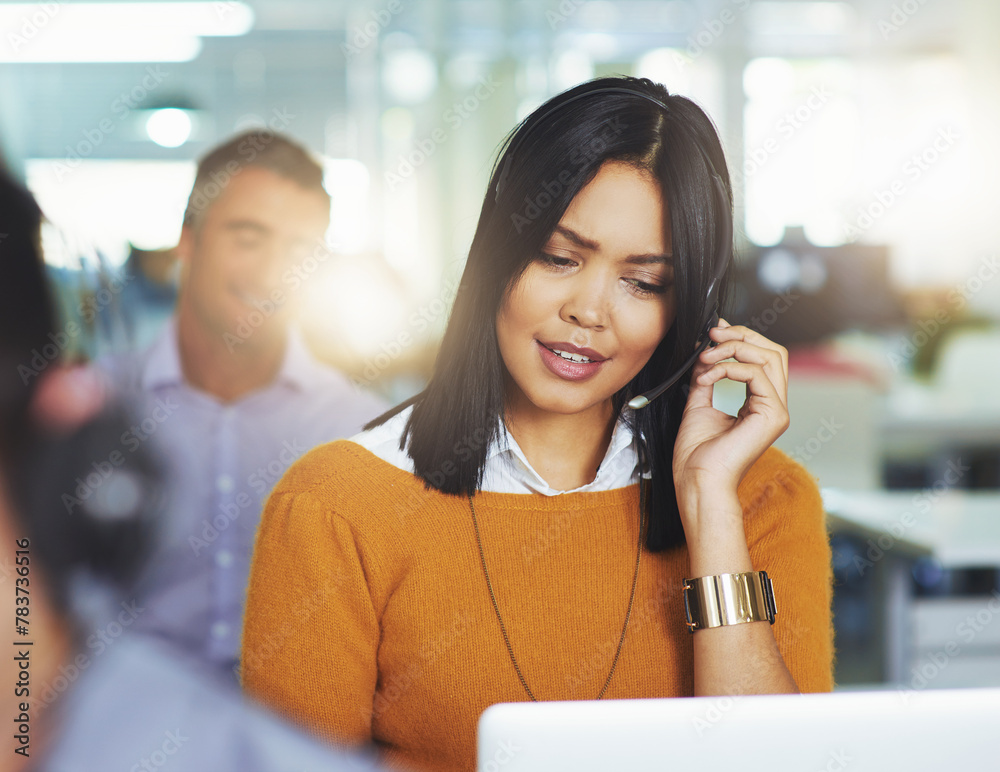 Poster consultant, woman and professional technical support in call center and networking in customer care 