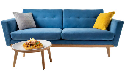 A staple food in the world of comfort, a blue couch with wooden legs on a white background 