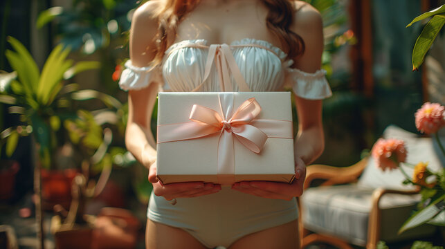 Close-up of a woman in a stylish outfit holding a gift box with a pink ribbon, with a lush green garden background, conveying themes of giving, celebration, and elegance.