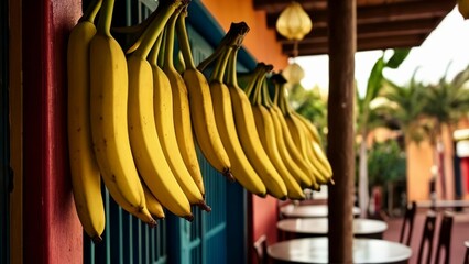  Bunches of ripe bananas hanging from a colorful wall - Powered by Adobe