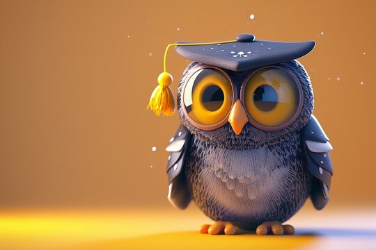 Delightful cartoon owl, 3D rendered in graduation attire, vibrant hues, soft and inviting background