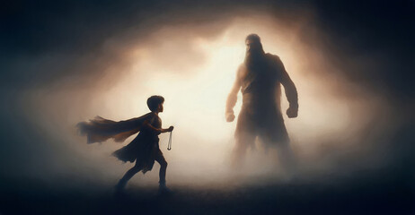 Watercolor illustration David and Goliath. Bible story of young Shepherd boy defeating a giant Warrior with a simple pebble and slingshot. Victorious concept. Foggy cinematic background battlefield. 