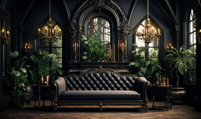 Elegant Gothic Living Room in Classic Baroque Castle Interior - obrazy, fototapety, plakaty