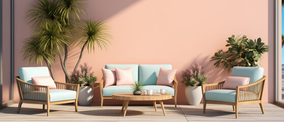 Fototapeta na wymiar Outdoor living room set of two chairs, two couches, and a small planter with a tropical pink wall 