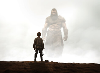 David and Goliath. Bible story of young Shepherd boy defeating a giant Warrior with a small pebble and slingshot. Facing your fears concept. David rear view face off Goliath in the misty background.  - obrazy, fototapety, plakaty
