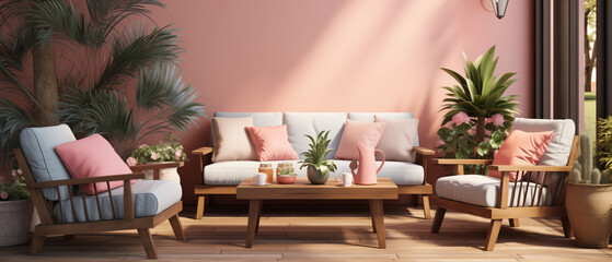 Outdoor living room set of two chairs, two couches, and a small planter with a tropical pink wall 