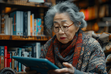 Elderly Asian female using tablet PC device, reading latest news while sitting in a cozy living room adorned with bookshelves filled with literature