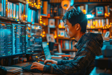Asian male developer works late in a home office, coding blockchain algorithms and experimenting with smart contracts on computer