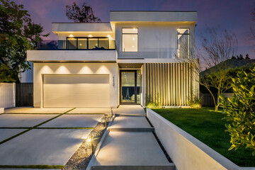 modern house exterior lighting on concrete driveway and lawning at night