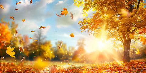 Autumn beech leaves decorate a beautiful nature bokeh background with forest  Autumn scene Bright colorful landscape yellow trees in autumn park Fall nature Autumn Tree and Sun during Sunset - obrazy, fototapety, plakaty