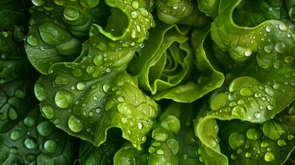 Fotobehang A close-up shot from above shows a head of lettuce covered in water drops. © Firuz