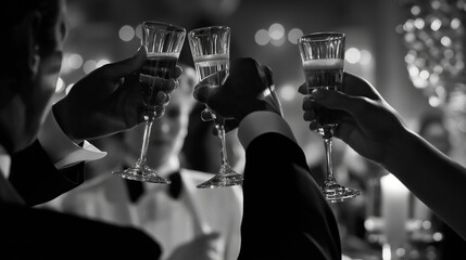 Black and white imagery enhances the timeless elegance of clinking glasses at a well-heeled event or party
