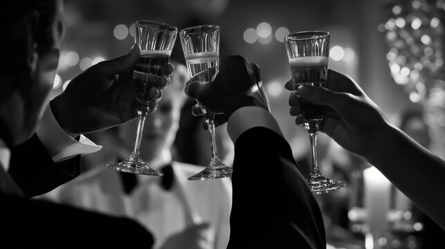 Black and white imagery enhances the timeless elegance of clinking glasses at a well-heeled event or party