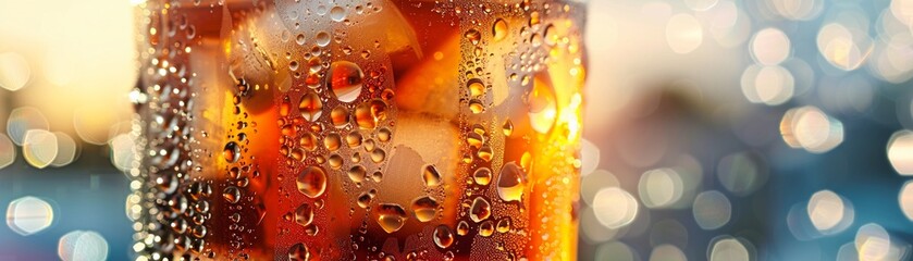 Glass of cola with ice, summer vibe, condensation beads, casual chill , advertise photo - obrazy, fototapety, plakaty