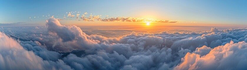 Highaltitude viewpoint, clouds below, sunrise spectacle, breathtaking awe , no grunge, splash, dust