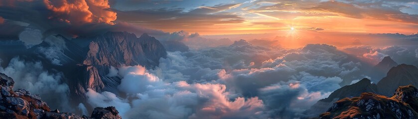 Highaltitude viewpoint, clouds below, sunrise spectacle, breathtaking awe , no grunge, splash, dust - obrazy, fototapety, plakaty