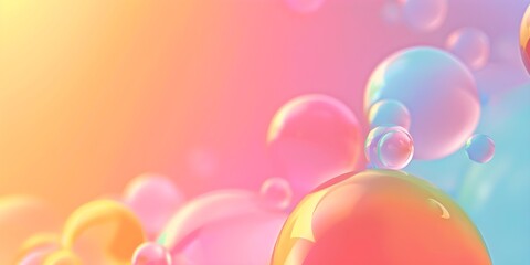 Floating soap bubbles in the air. Modern pastel gradient horizontal background with copy space.