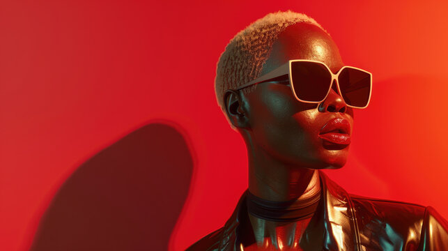 beautiful African albino woman with cool emotionless appearance wearing futuristic fashion leather clothing with metallic and sunglasses standing in red wall created with Generative AI Technology
