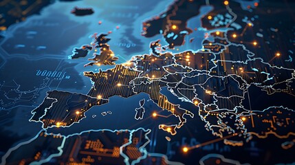 Glowing Printed Circuits Map of Western Europe on Computer Chip: Global Network and Connectivity