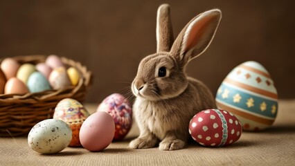  Easter joy with a fluffy friend and festive eggs - obrazy, fototapety, plakaty