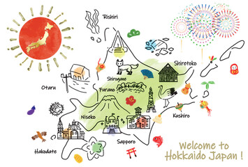 北海道の観光地のイラストマップ年賀状2025年