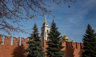 The wall of the Tula Kremlin and the bell tower of the Assumption Cathedral in the center of Tula.