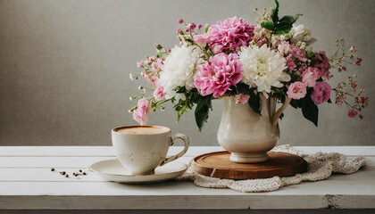 Fototapeta premium still life with flowers, bouquet, drink, pink,