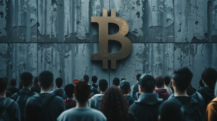 Image shows a crowd of people looking at a large concrete Bitcoin symbol, suggesting the cryptocurrency's influence - obrazy, fototapety, plakaty