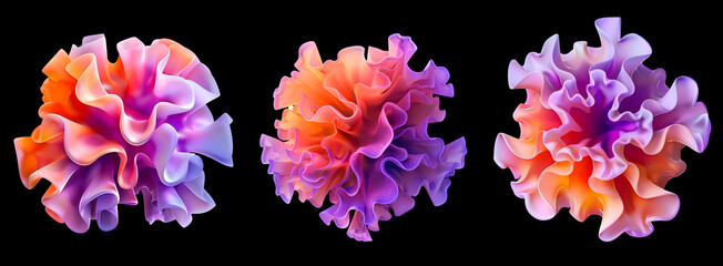 Three purple and orange gradient coral shapes objects on black background