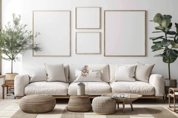 Fototapeta premium Home interior design with green sofa, wooden table and trendy decoration in white living room, frame mock-up, 3d render. Beautiful simple AI generated image in 4K, unique.