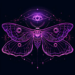 Moth and eye celestial illustration. Neon purple mystical line art on a black background.