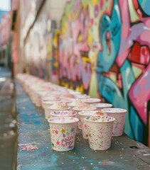 Fototapeta na wymiar Generated image of the Ice cream in paper cups on the background of colorful graffiti wall.. Pop art.