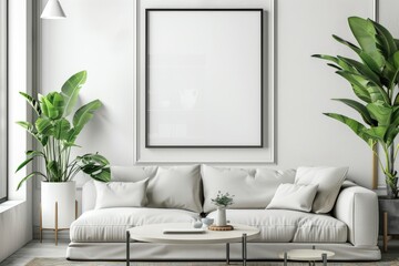 large blank picture frame in a modern appartement - poster / art mockup template for product placement. Beautiful simple AI generated image in 4K, unique.