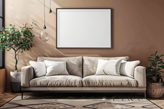 large blank picture frame in a modern appartement - poster / art mockup template for product placement. Beautiful simple AI generated image in 4K, unique.