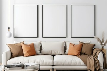 Poster frame mock-up in home interior background with modern sofa and decor in living room, 3d render. Beautiful simple AI generated image in 4K, unique. - obrazy, fototapety, plakaty