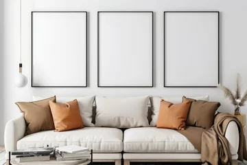Fotobehang Poster frame mock-up in home interior background with modern sofa and decor in living room, 3d render. Beautiful simple AI generated image in 4K, unique. © ArtSpree