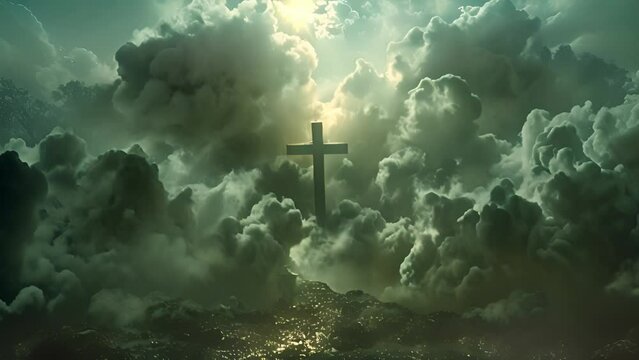 Religious Cross on mountain peak. Clouds moving in the wind..A Christian Cross in a beautiful evening with intense sunset light and a cross background symbolizing the death and resurrection of Jesus 