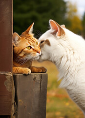 Two cats are nuzzling each other on a wooden fence - 783740565