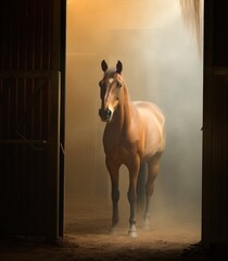 A horse with a thick brown mane stands in the stable doorway