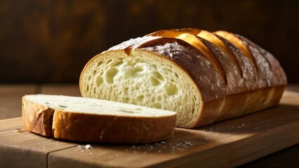  Freshly sliced loaf of bread on wooden cutting board - obrazy, fototapety, plakaty