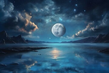 Fototapeta na wymiar Romantic Moon With Clouds And Starry Sky Over Sparkling Blue Water Generative AI
