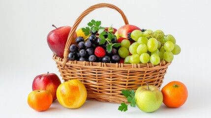 Naklejka na ściany i meble Fresh fruits and vegetables in a wicker basket on a white background.