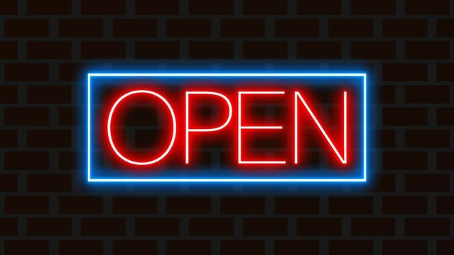 open neon sign board on black background video footage. 4k