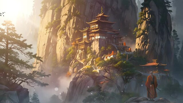Japanese Waterfall Tranquility: 4k Looping Video of Old Temple Amidst Cascades