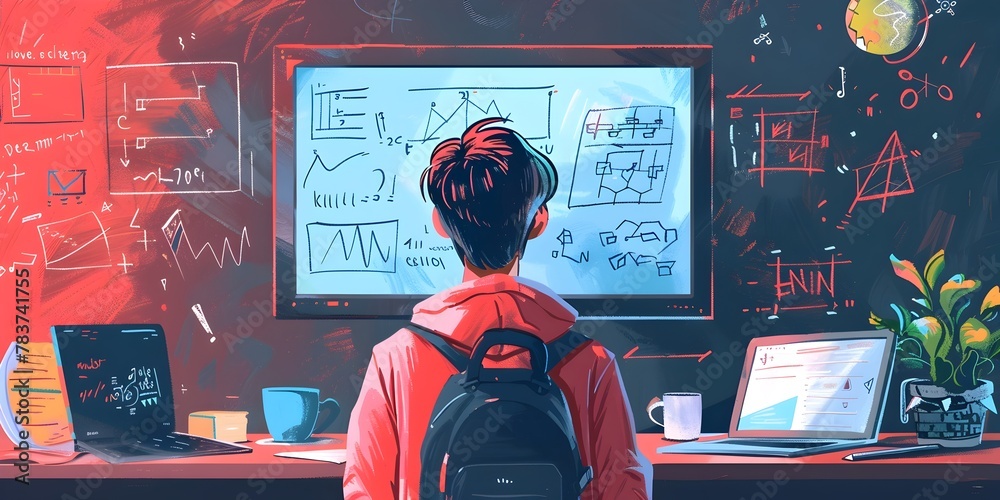 Poster dedicated student captivated by interactive explainer video on complex mathematical concepts immerse