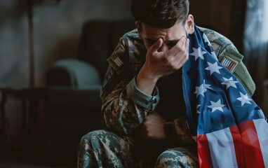 A young soldier sits contemplatively with his hand on his face, holding the American flag in a dimly lit room.